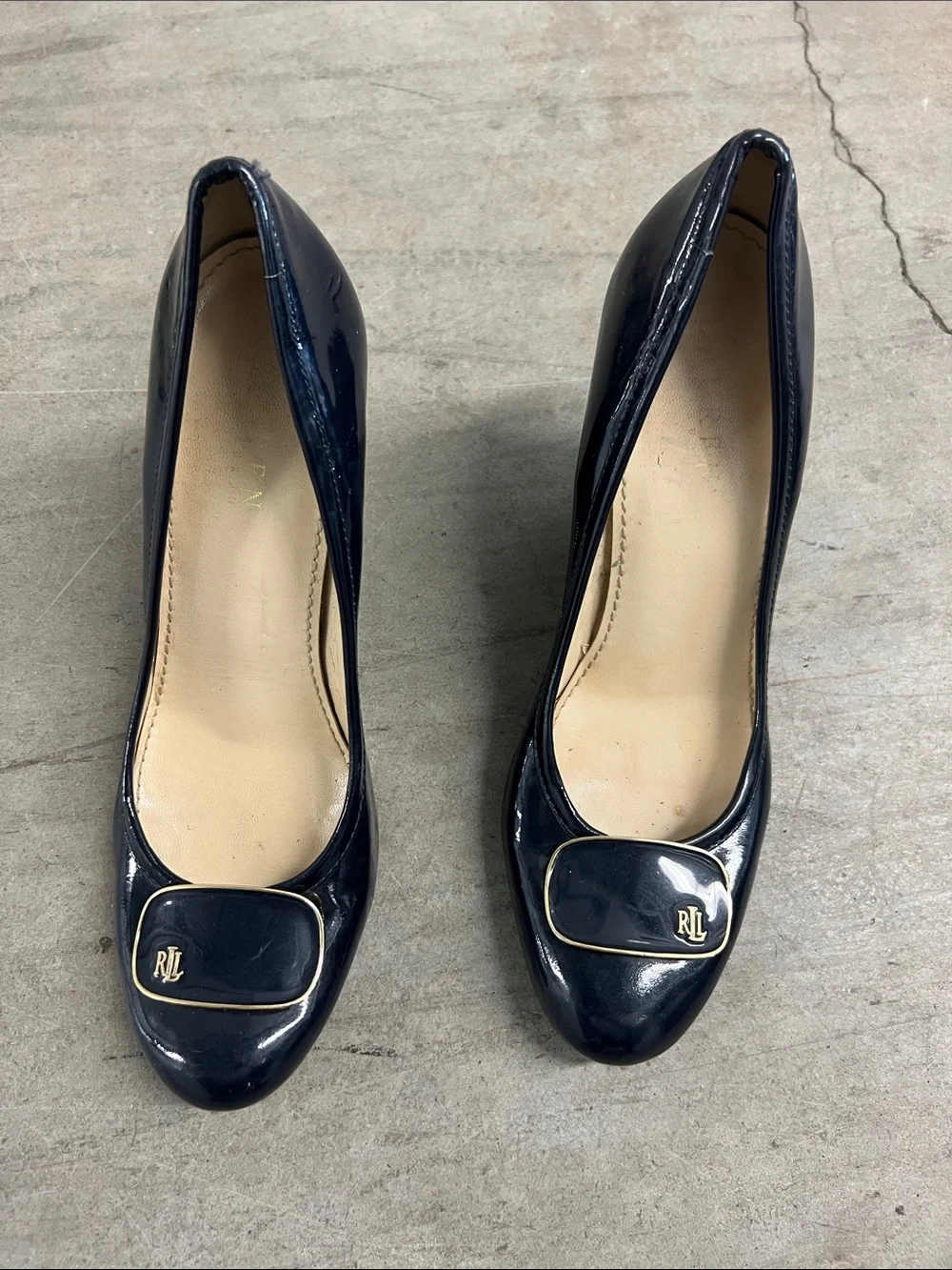 Ralph Lauren Navy Patent Leather Pumps with Gold RL Medallion